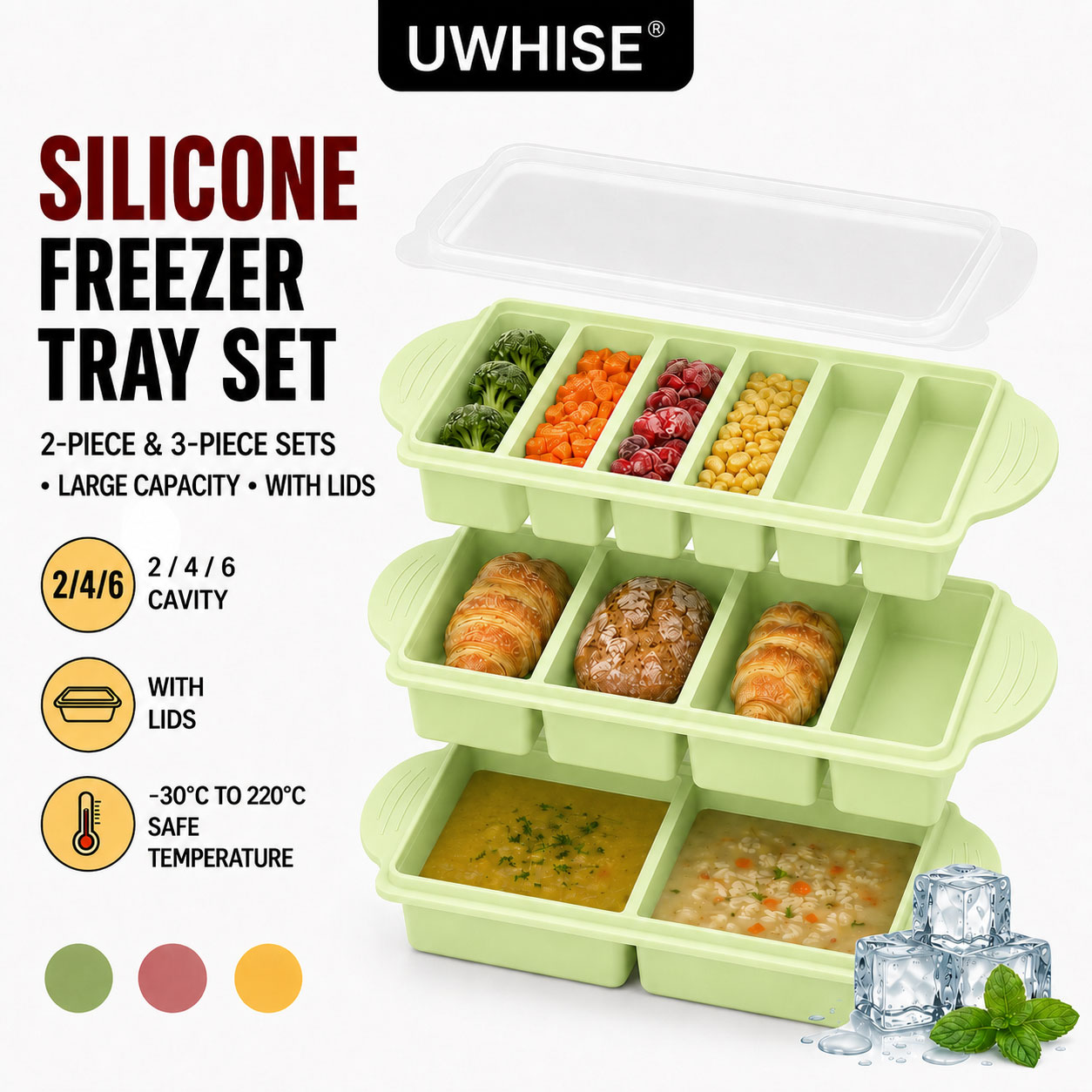 Meal Prep Template - Uwhise ชุด 2/3 ชิ้น ถาดซิลิโคนสำหรับแช่แข็งพร้อมฝาปิด แม่พิมพ์สำหรับแช่แข็งซุป