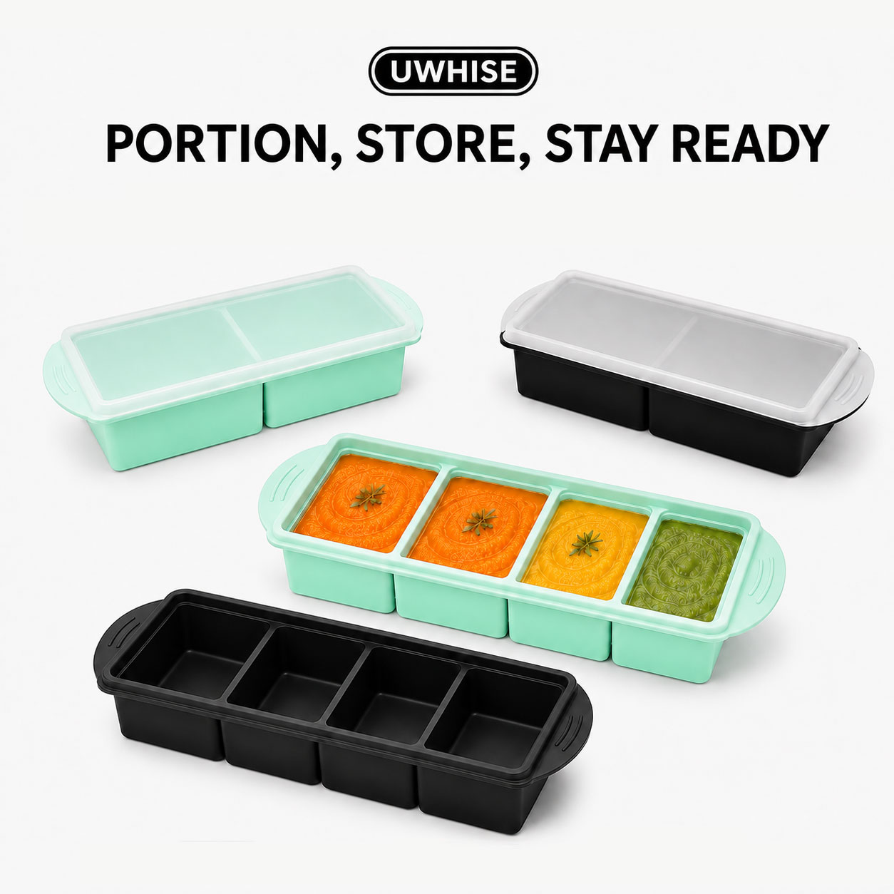 Meal Prep Template - ถาดซิลิโคนสำหรับแช่แข็งซุป Uwhise พร้อมฝาปิด สำหรับเก็บอาหารเด็ก 2/4 ช่อง