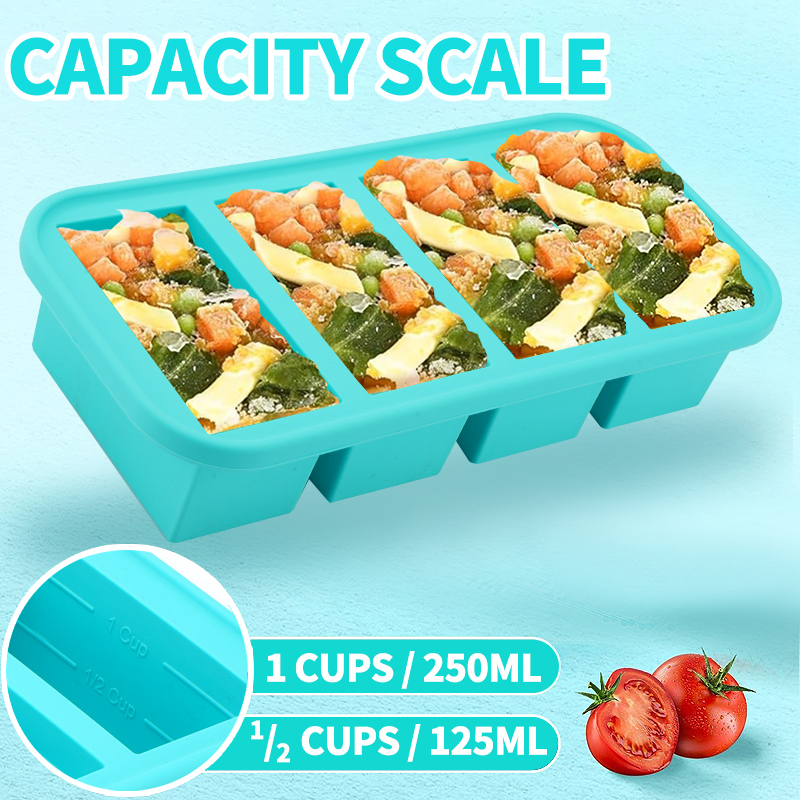 Meal Prep Template - แม่พิมพ์ซิลิโคนสำหรับแช่แข็ง 4 ชิ้น - สำหรับทำก้อนซุป ขอบเสริมเหล็ก
